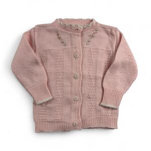 Vintage Baby Pink Knit Cardigan 6-12 Months Embroidered Floral Button Sweater